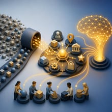 איור של ראש אנושי המורכב מרשת נוירונים דיגיטלית, המסמל בינה מלאכותית, נתונים וקידום ישויות.