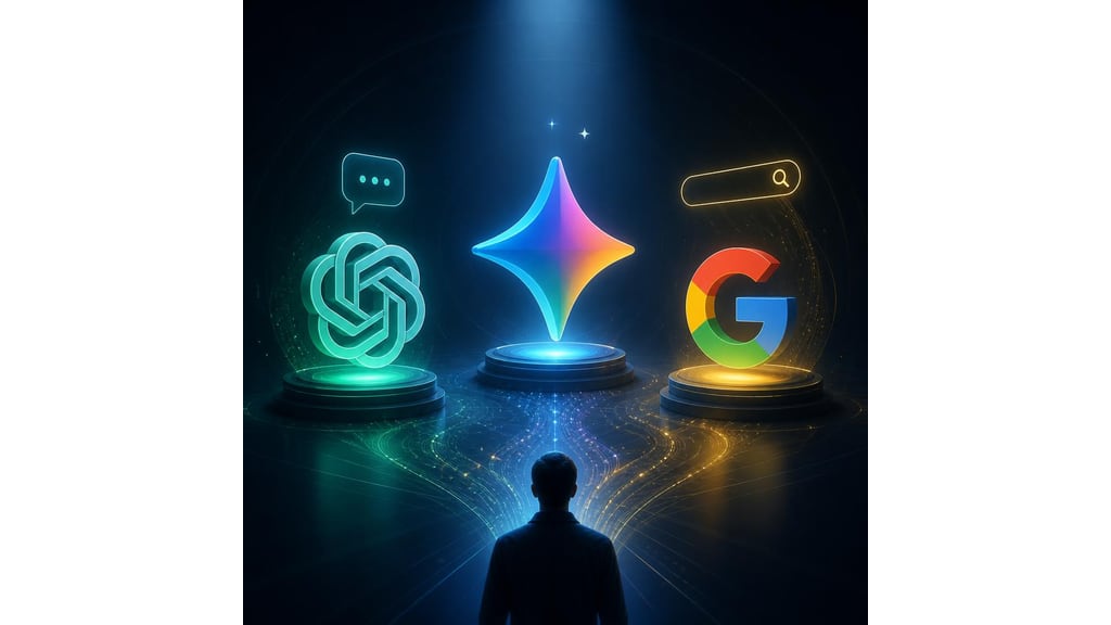 איור של לוגואים של ChatGPT, Gemini וגוגל, המייצגים את מהפכת החיפוש הגנרטיבי והבינה המלאכותית.